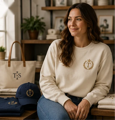 Woman wearing a cream sweatshirt with gold crest embroidery beside coordinated embroidered apparel and accessories.