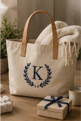 Canvas tote with navy and gold monogram embroidery beside a wrapped gift.