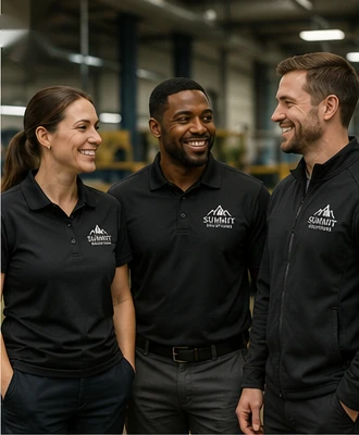 Three team members wearing coordinated black polos with embroidered left-chest logos.