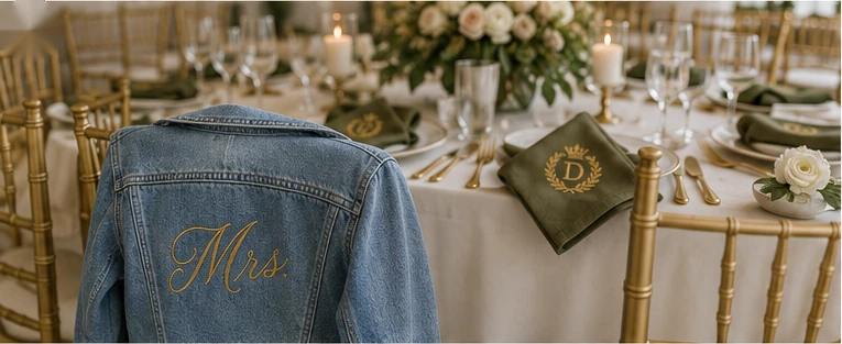 Denim jacket with gold script embroidery displayed at a formal wedding table.