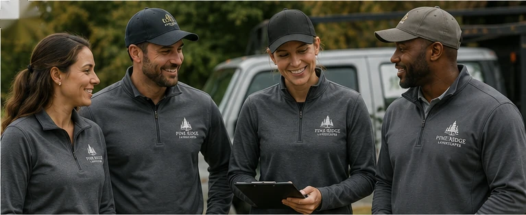 Four team members wearing coordinated gray embroidered quarter-zips and caps.