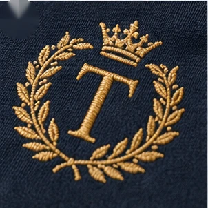 Close-up of gold crest embroidery on navy fabric.