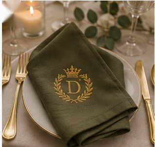 Olive napkin with gold crest embroidery at a formal place setting.