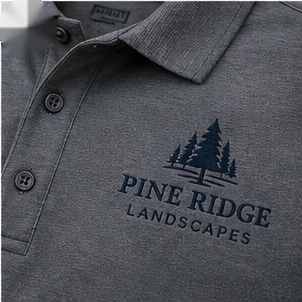 Gray polo with navy Pine Ridge Landscapes logo embroidery.